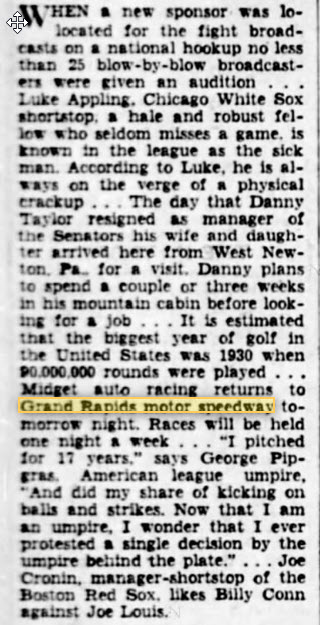 Grand Rapids Motor Speedway (Kamps Speedway) - June 16 1941 Article Lansing State Journal